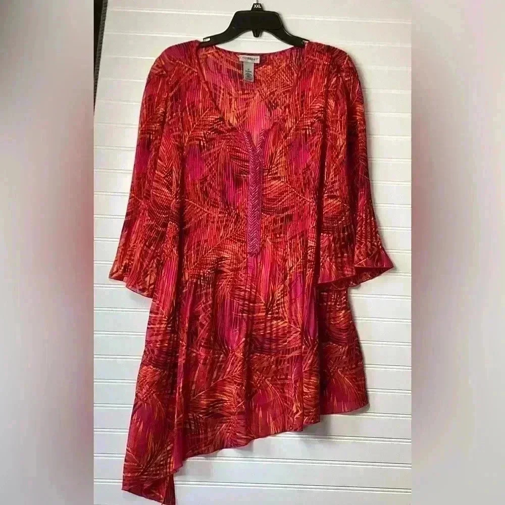 Catherine's Red  Floral Crinkle Beaded Asymmetrical Blouse 1X 18/20W